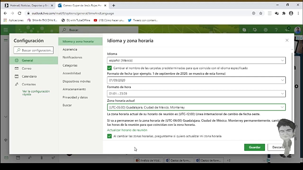 como cambiar la hora de mi correo hotmail