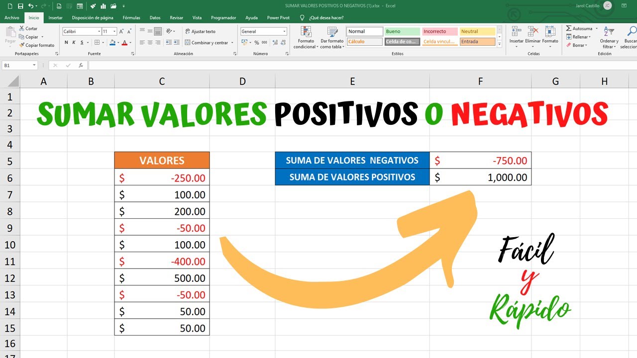 sumar solo valores positivos en excel