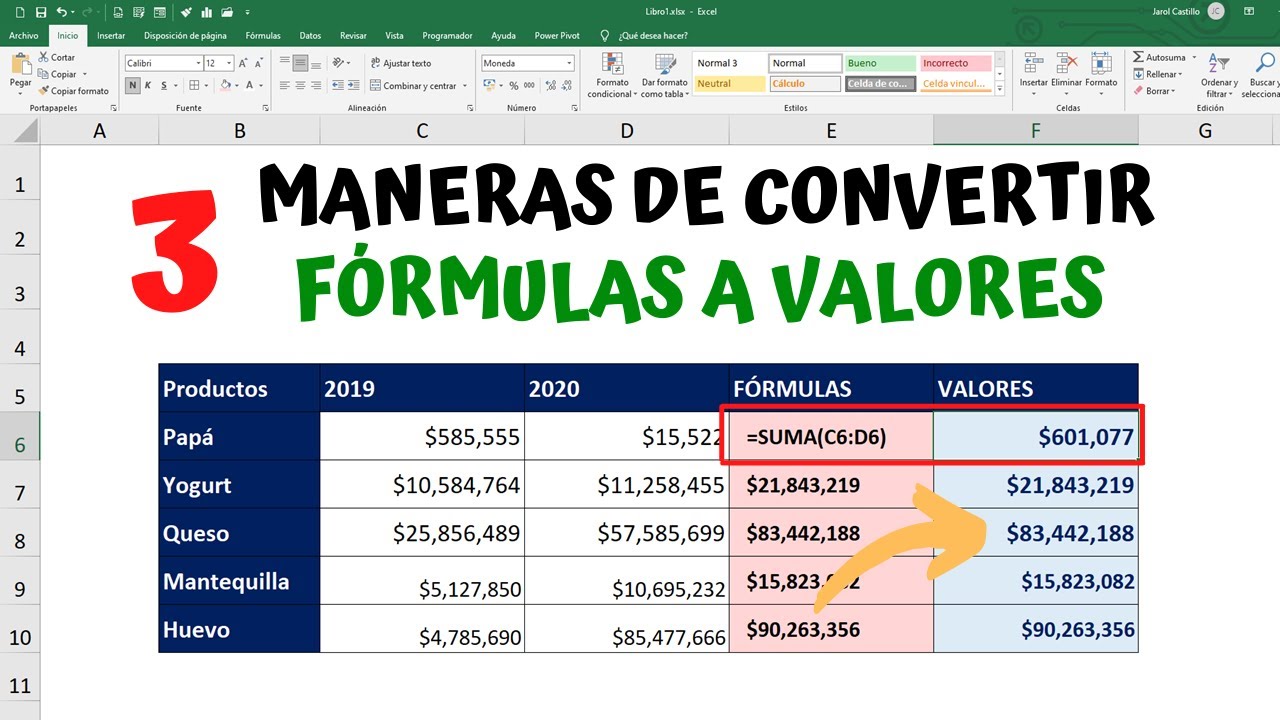 convertir formulas en valores en excel