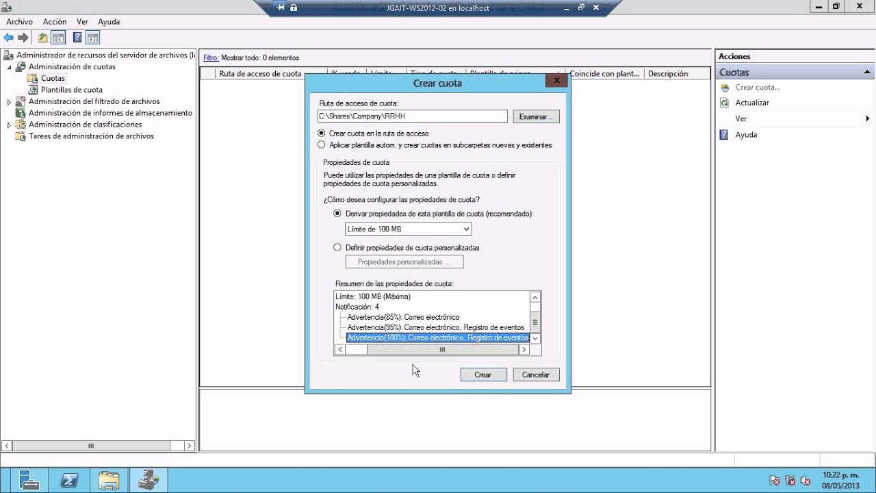 establecer cuotas por carpeta en windows server 2012 r2